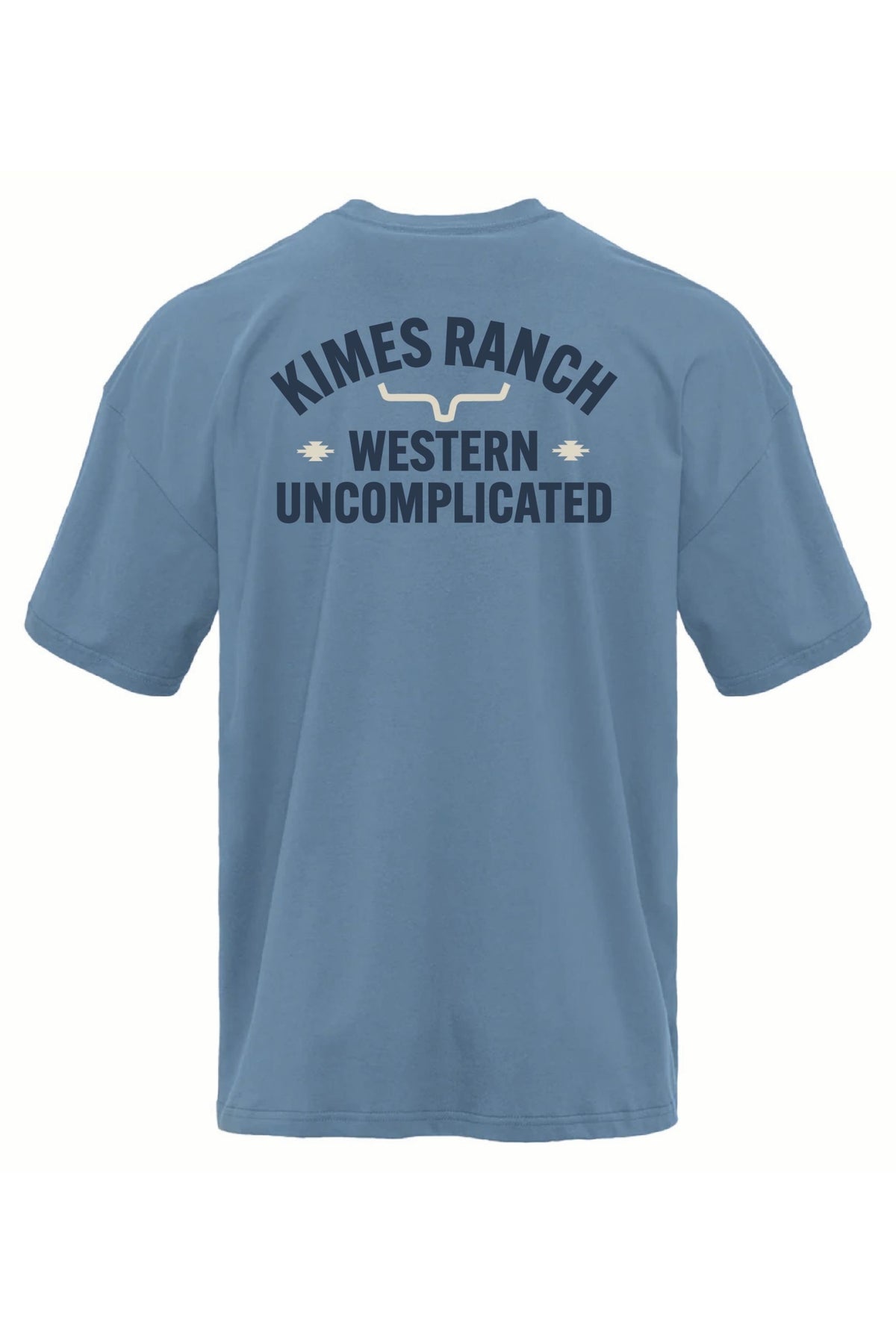 Kimes Mens Cavell T Shirt in Blue Jean a short sleeve t shirt with a front left print and the larger Kimes Ranch Western Uncomplicated logo printed on the back at boltranchstore.com 