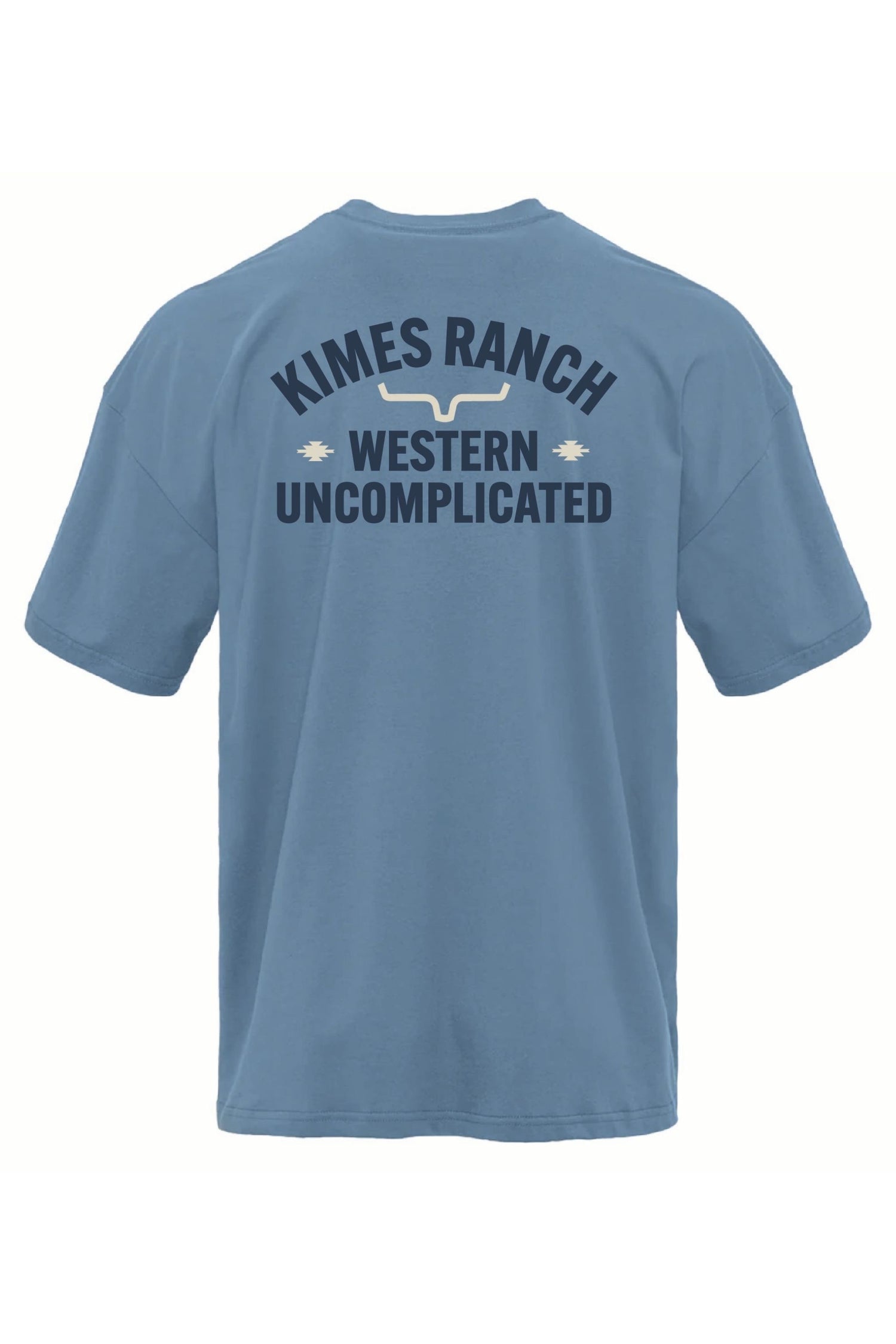 Kimes Mens Cavell T Shirt in Blue Jean a short sleeve t shirt with a front left print and the larger Kimes Ranch Western Uncomplicated logo printed on the back at boltranchstore.com 