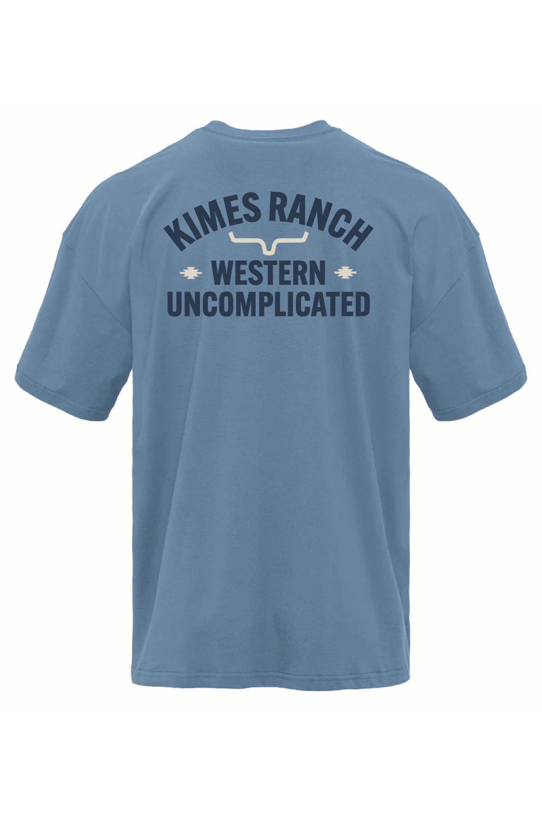 Kimes Mens Cavell T Shirt in Blue Jean a short sleeve t shirt with a front left print and the larger Kimes Ranch Western Uncomplicated logo printed on the back at boltranchstore.com 