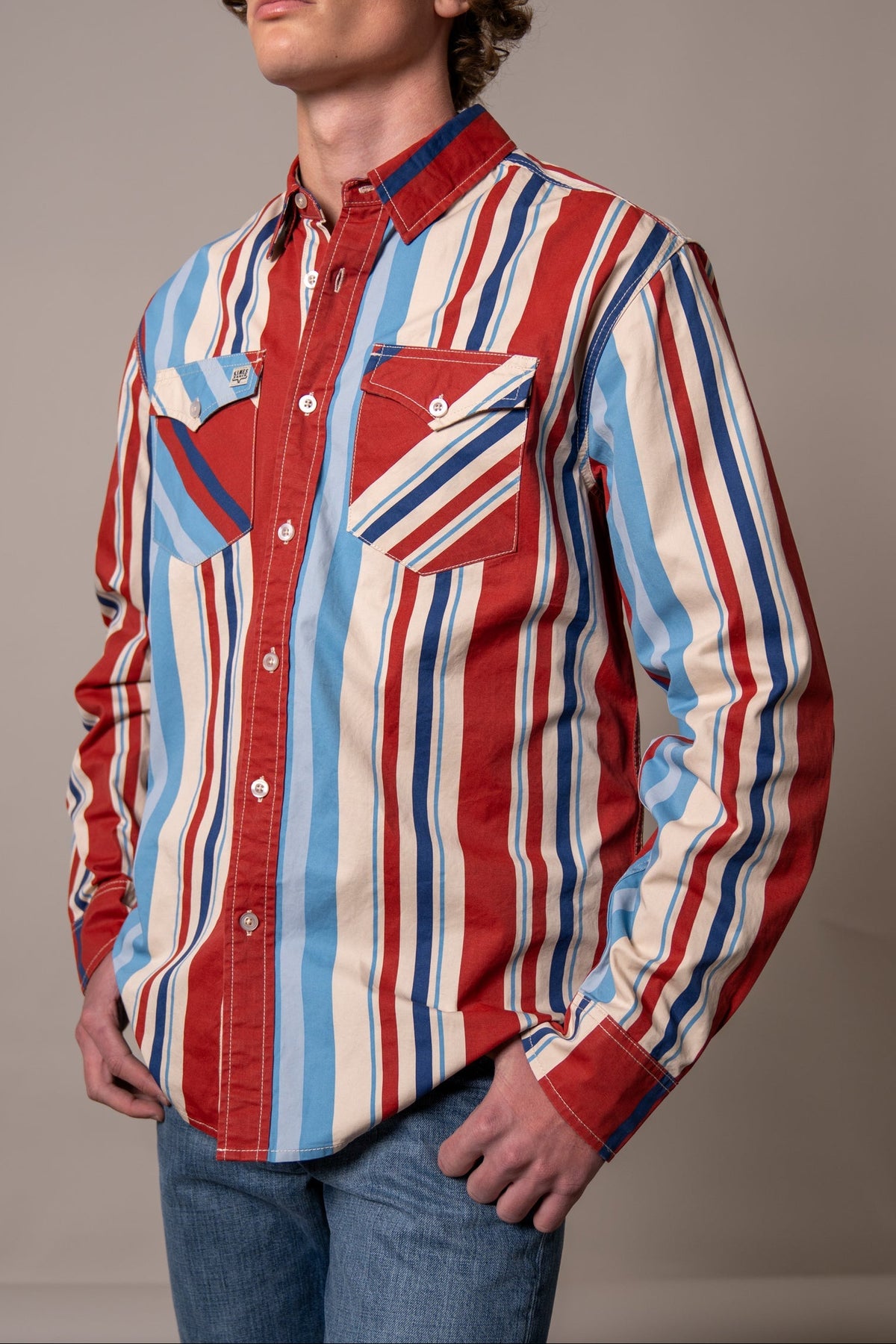 Kimes Ranch Mens Vintage Clancy Shirt striped rodeo long sleeve shirt button down Mens brush popper Button 