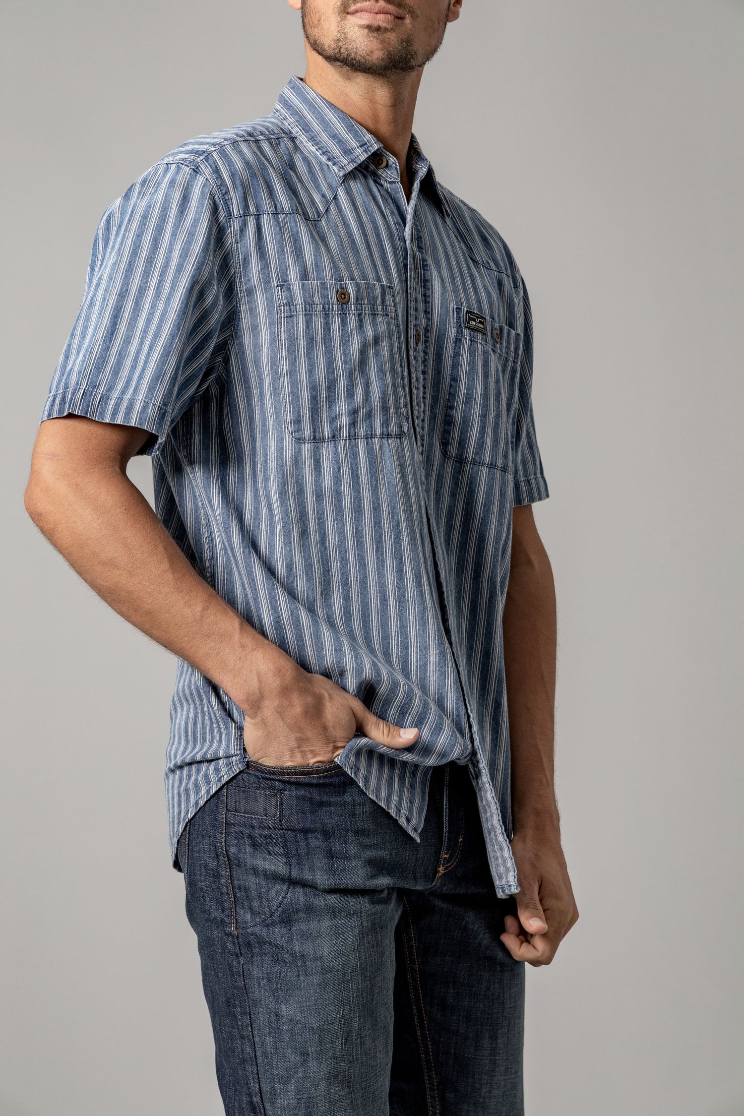 Kimes Shifter Mens Shirt Mens dress shirt denim blue stripes button down Kimes Ranch Mens at Bolt Ranch Store free shipping available now spring 2025