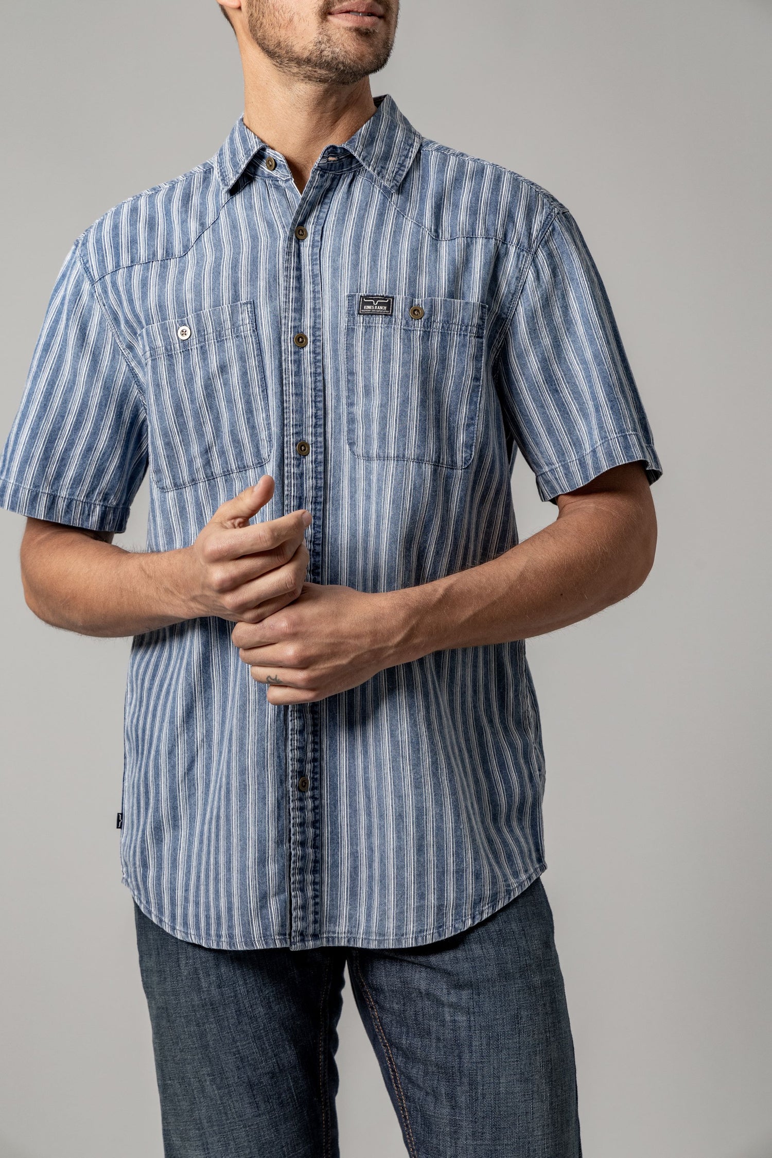 Kimes Shifter Mens Shirt Mens dress shirt denim blue stripes button down Kimes Ranch Mens at Bolt Ranch Store free shipping available now spring 2025