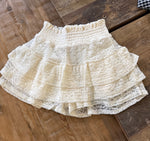 Kitty Girls Lace Smocked Waist Shorts An off-white lace tiered mini skirt with a smocked elastic waistband bolt ranch store girls western apparel 