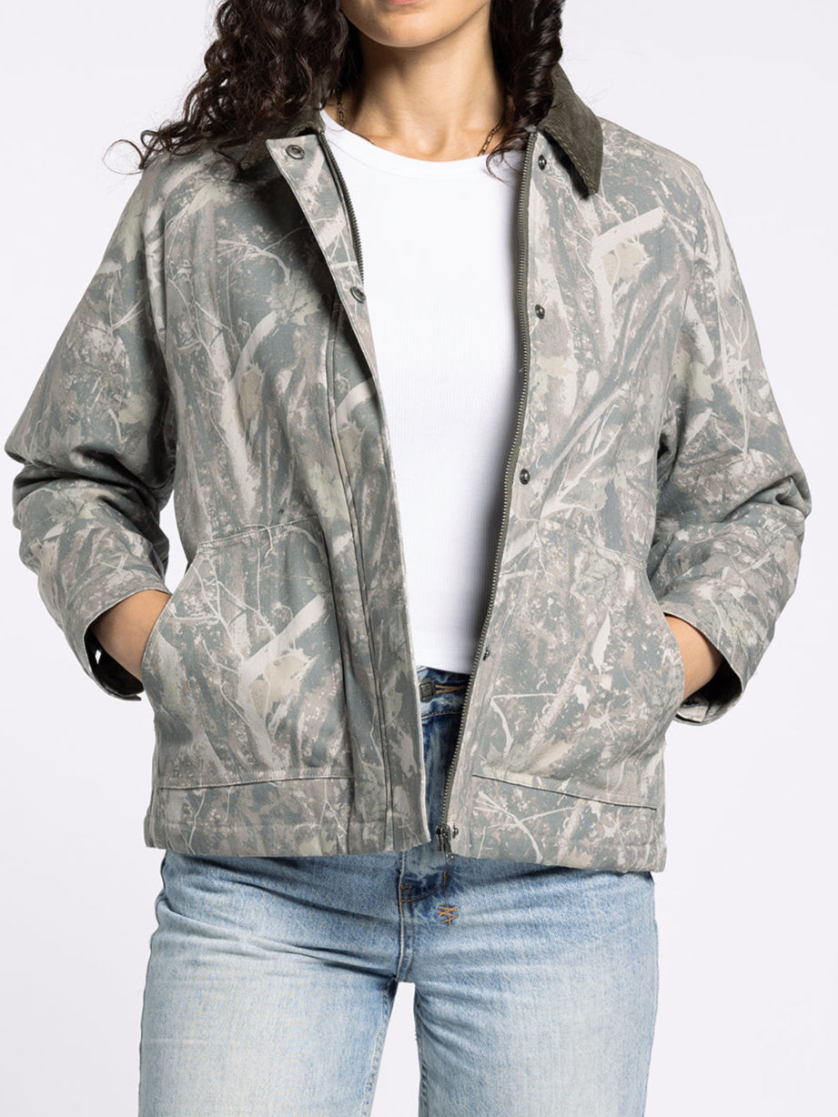Korie Womens Tree Camo Jacket  with side pockets button up and zip up front at boltranchstore.com