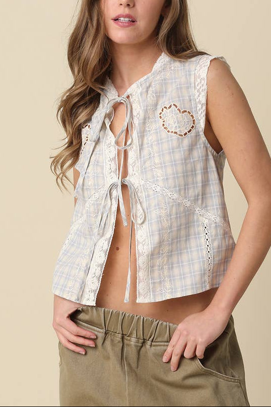 Kylie Plaid Eyelet Vest blue plaid summer vest lace womens popular country western Boltranchstore.com