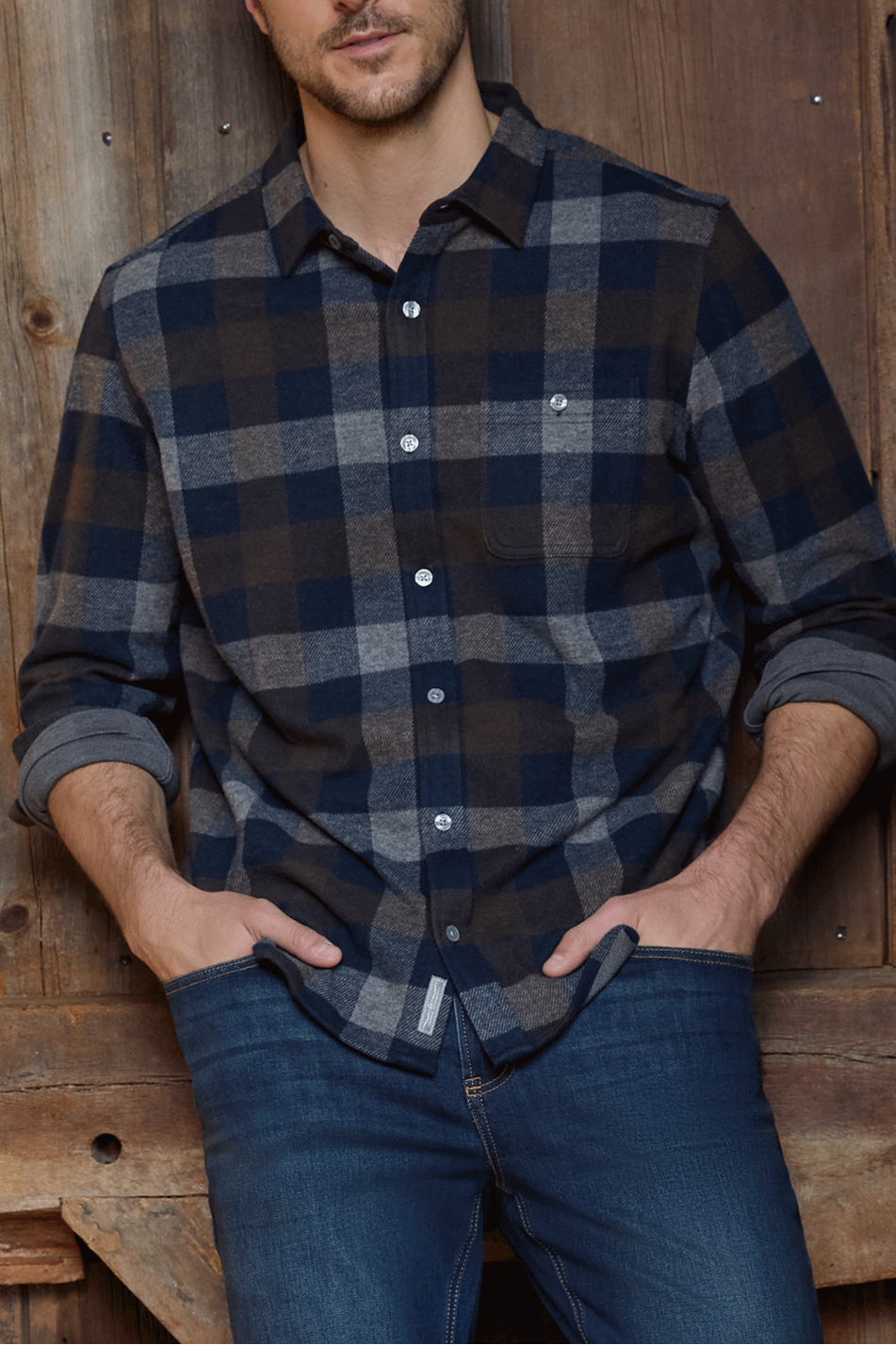 Flag and Anthem Hero Stretch Flannel Shirt brown and blue flannel mens 2025 fall free shipping in-stock mens western wear fashion Boltranchstore.com