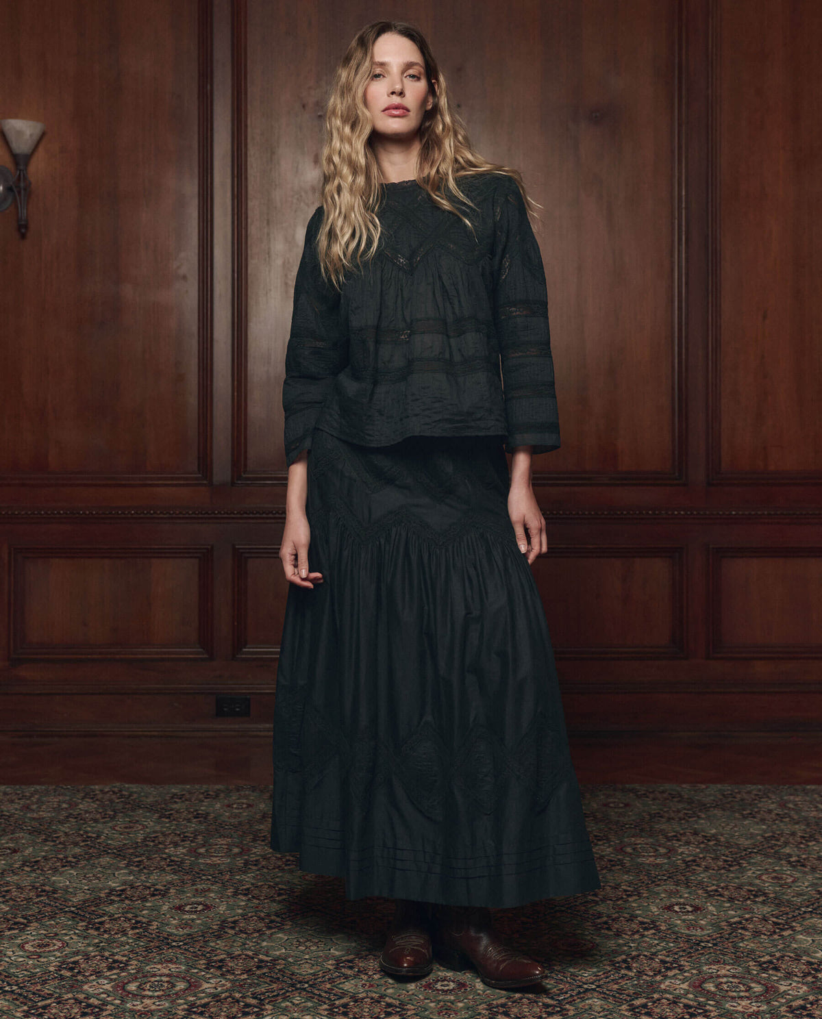 Womens western boutique Utah womens fashion THE GREAT The Lattice Lace Victorian Skirt Black SKU K189065BLACK Boltranchstore com free shipping