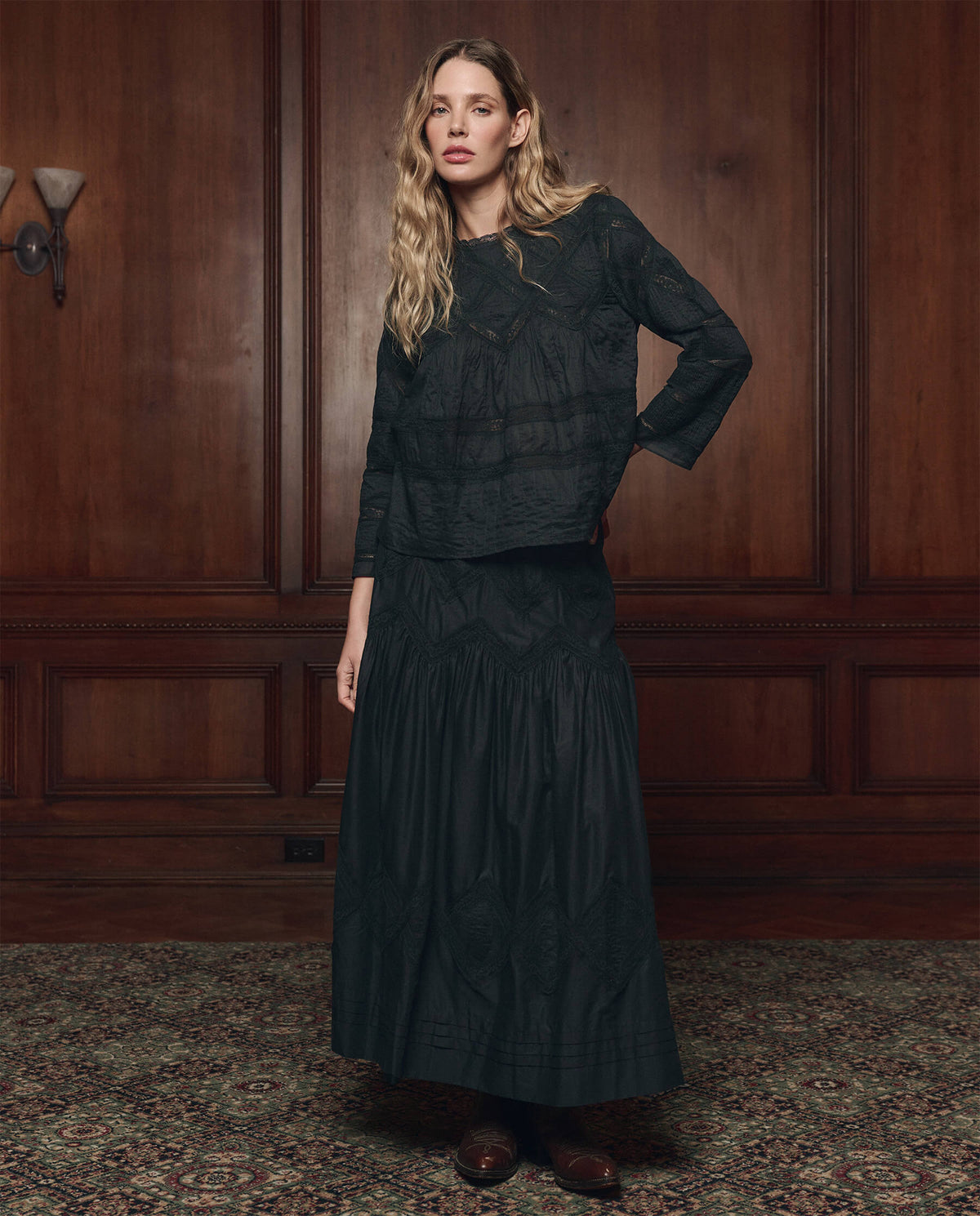 Western clothing Utah womens boutique rodeo THE GREAT The Lattice Lace Victorian Skirt Black SKU K189065BLACK Boltranchstore com free shipping