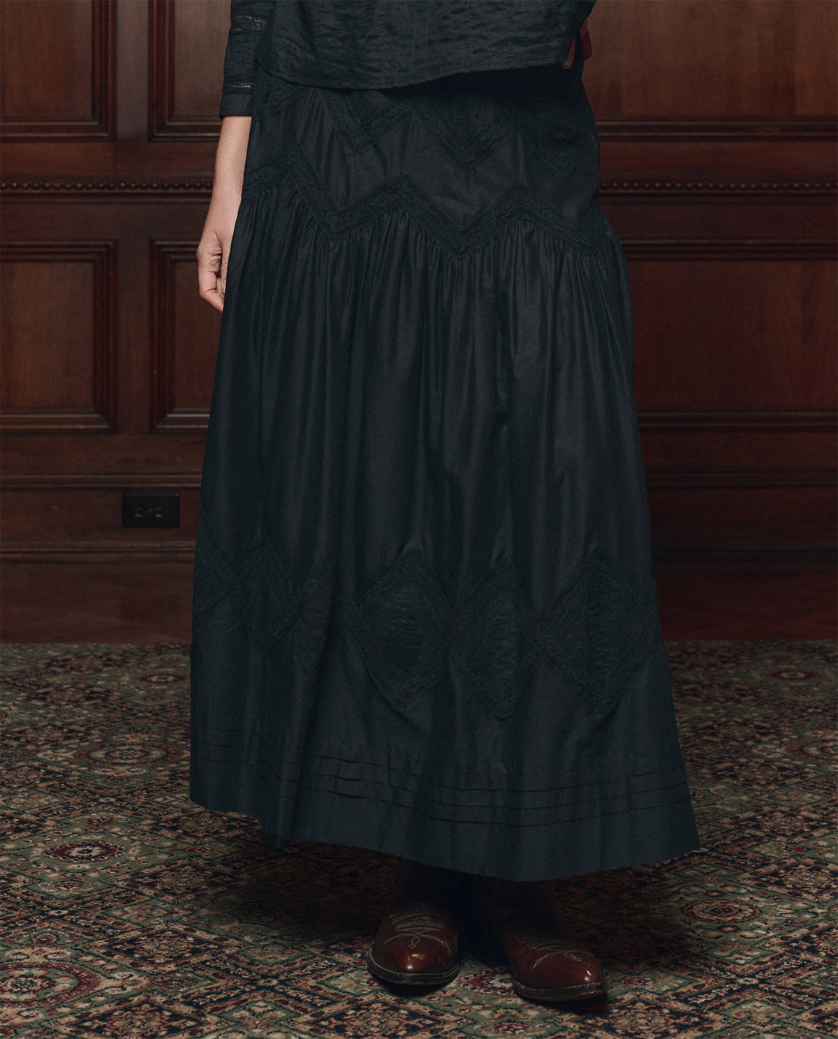 Western clothing womens fashion Utah rodeo THE GREAT The Lattice Lace Victorian Skirt Black SKU K189065BLACK Boltranchstore com free shipping