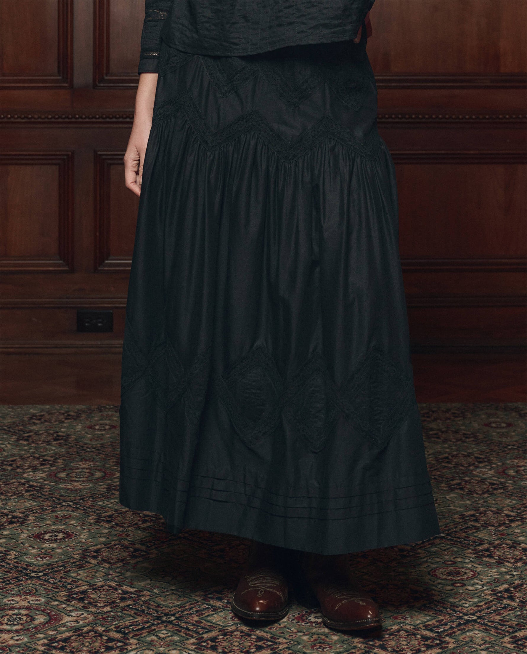 Western clothing womens fashion Utah rodeo THE GREAT The Lattice Lace Victorian Skirt Black SKU K189065BLACK Boltranchstore com free shipping