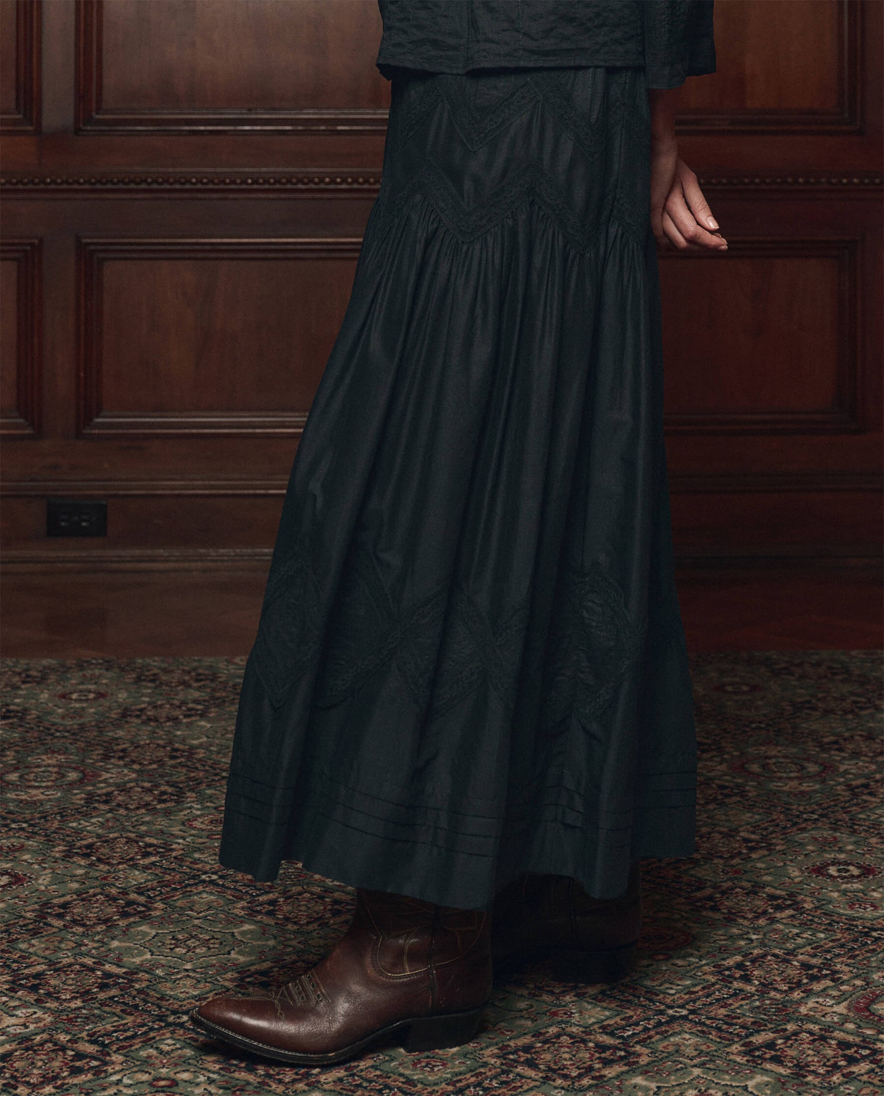 Womens western boutique rodeo western clothing THE GREAT The Lattice Lace Victorian Skirt Black SKU K189065BLACK Boltranchstore com free shipping