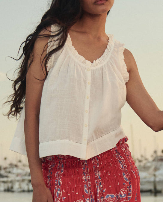 The GREAT Vignette Top in white at boltranchstore.com sleeveless top tank top womens button up ruffle neck summer outfit summer shirt spring free shipping