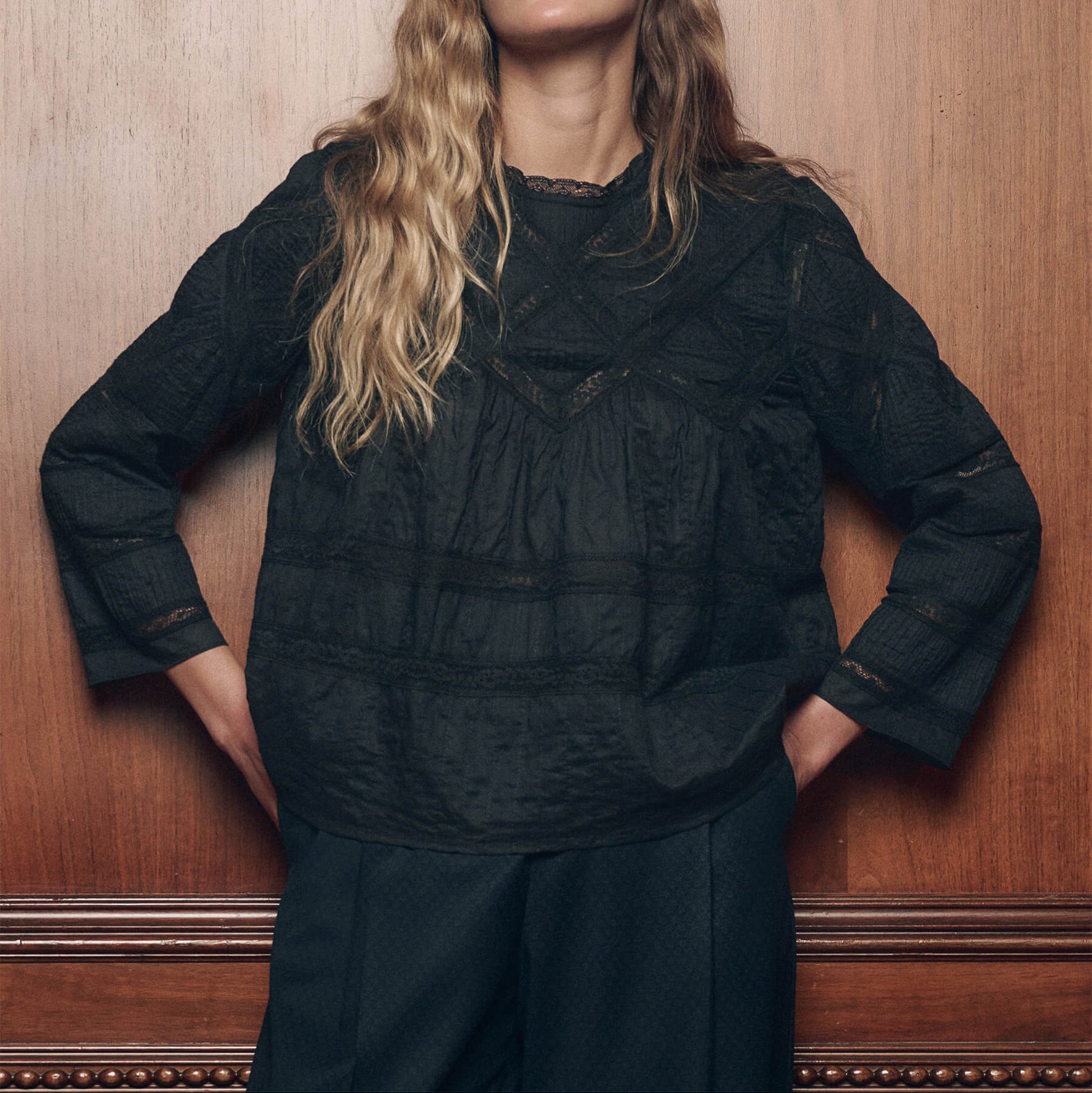 THE GREAT The Lattice Lace Victorian Top Black SKU T1539065BLACK Womens western boutique Utah womens fashion