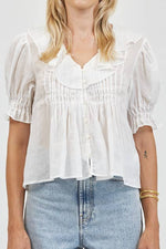 Lacey Linen Ruffle Top a button up linen ruffle v neck short sleeve top available at boltranchstore.com