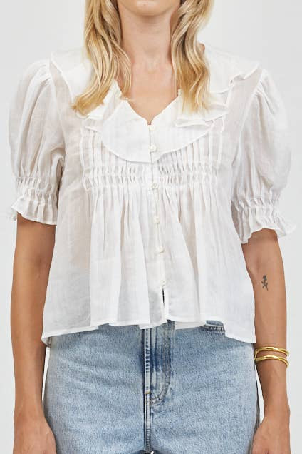 Lacey Linen Ruffle Top a button up linen ruffle v neck short sleeve top available at boltranchstore.com