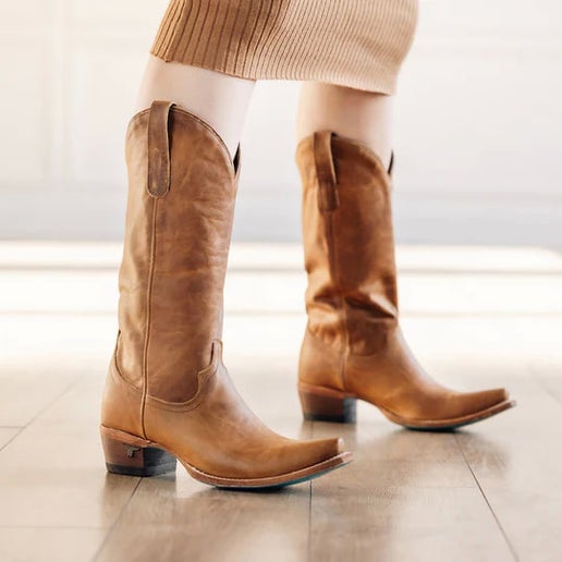 Lane Emma Jane Boots in Desert Clay at boltranchstore.com in stock free shipping womens cowboy boots A pair of brown 'Lane Emma Jane' boots with a snip toe and classic cowgirl silhouette, 