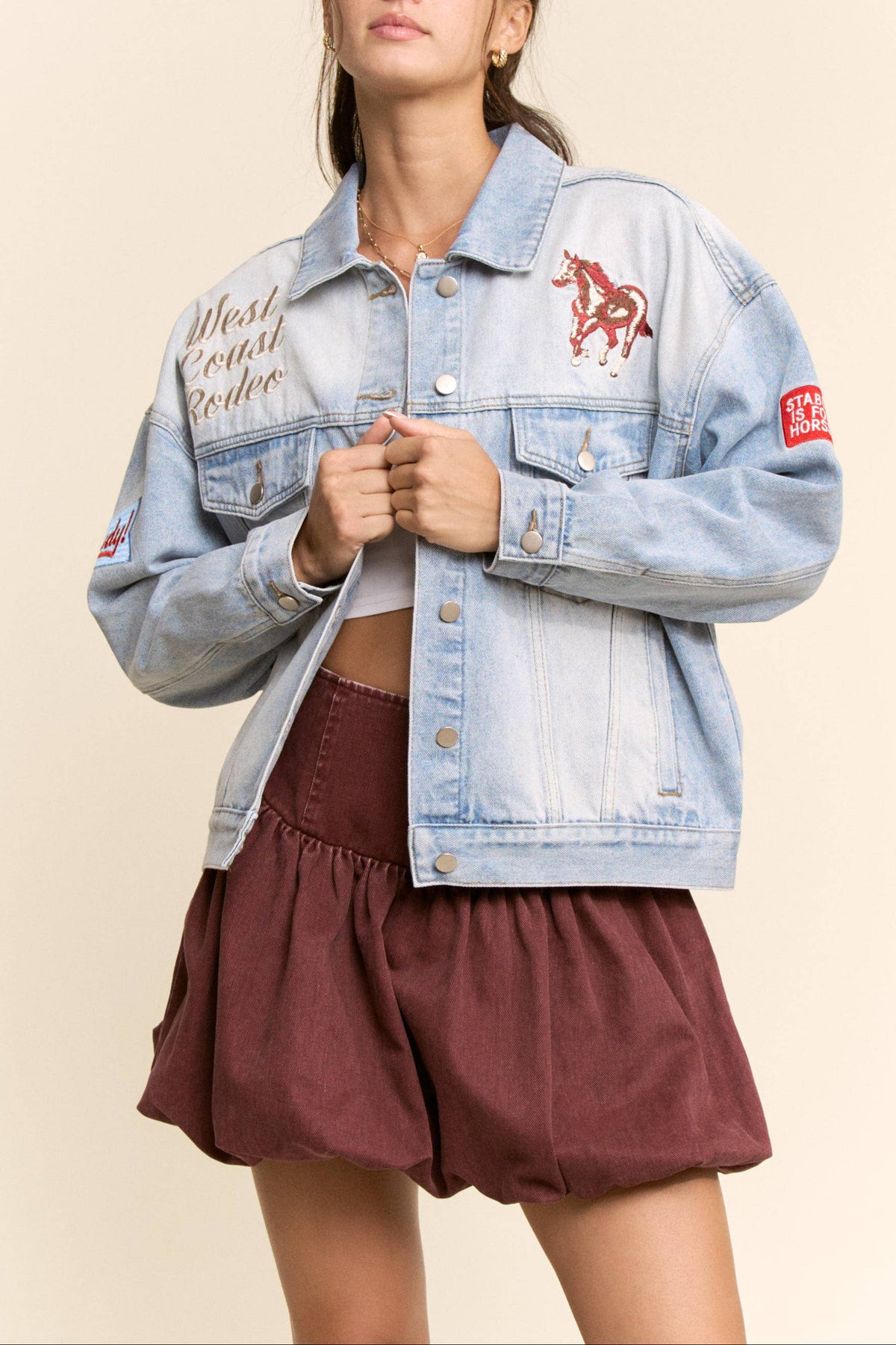 LeAnne Western Trucker Jacket light denim black denim patch bomber jacket at Boltranchstore.com Free Shipping