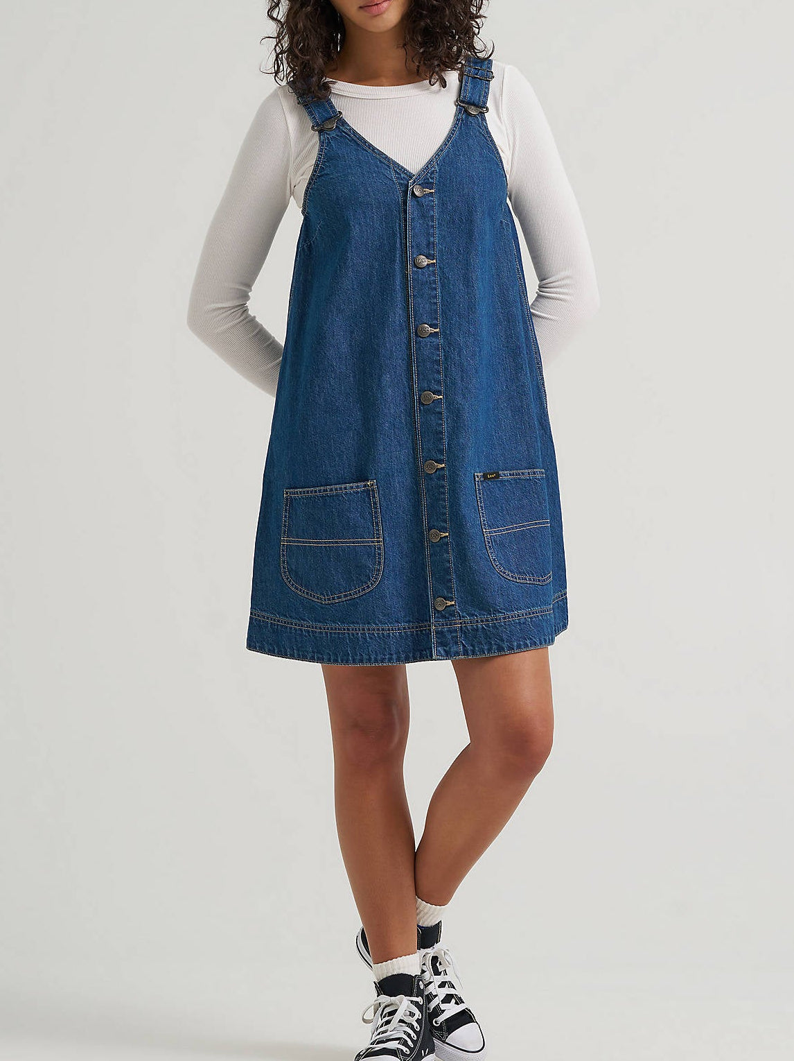 Lee Chore Overall Dress a blue denim pinafore dress in an overall style available at boltranchstore.com