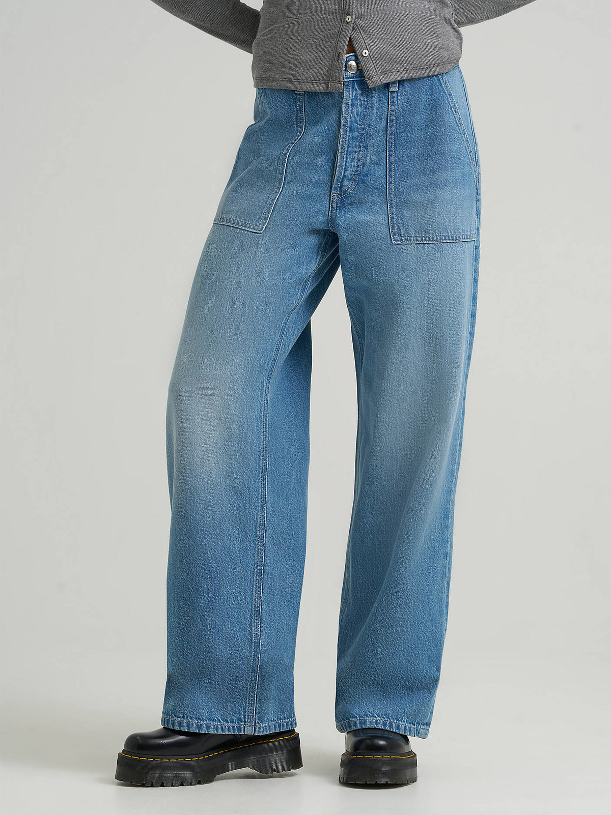 Lee women's patch pocket slouch pants in light wash denim, high waist with wide slouchy leg at boltranchstore.com