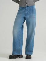 Lee women's patch pocket slouch pants in light wash denim, high waist with wide slouchy leg at boltranchstore.com