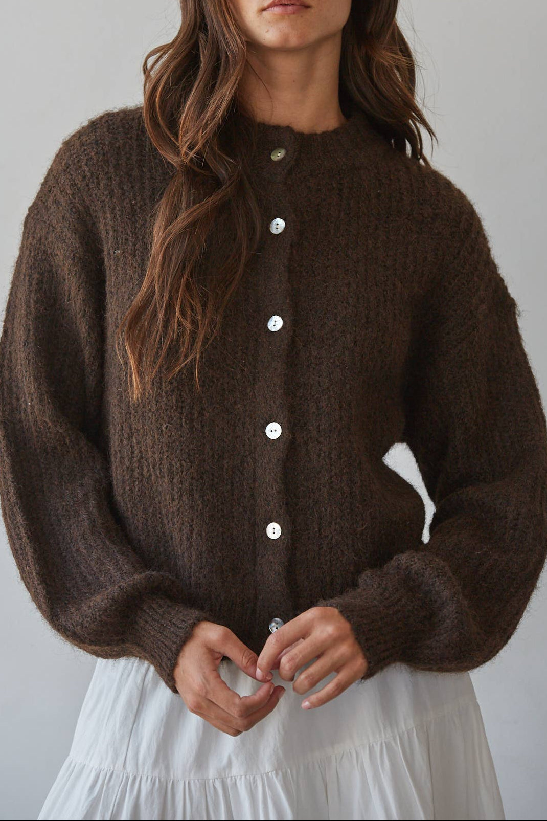 Lena Knit Sweater Ribbed Mock Neck Cardigan dark brown chunky knit button-up cardigan sweater 