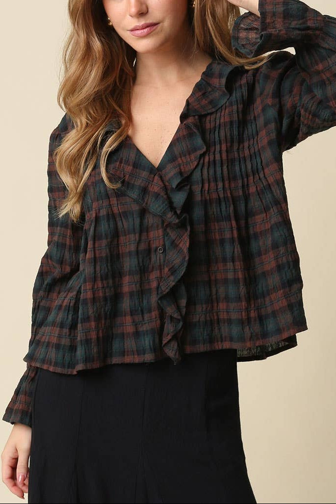 Lena Ruffle Plaid Blouse brown plaid womens feminine top Boltranchstore.com Free Shipping