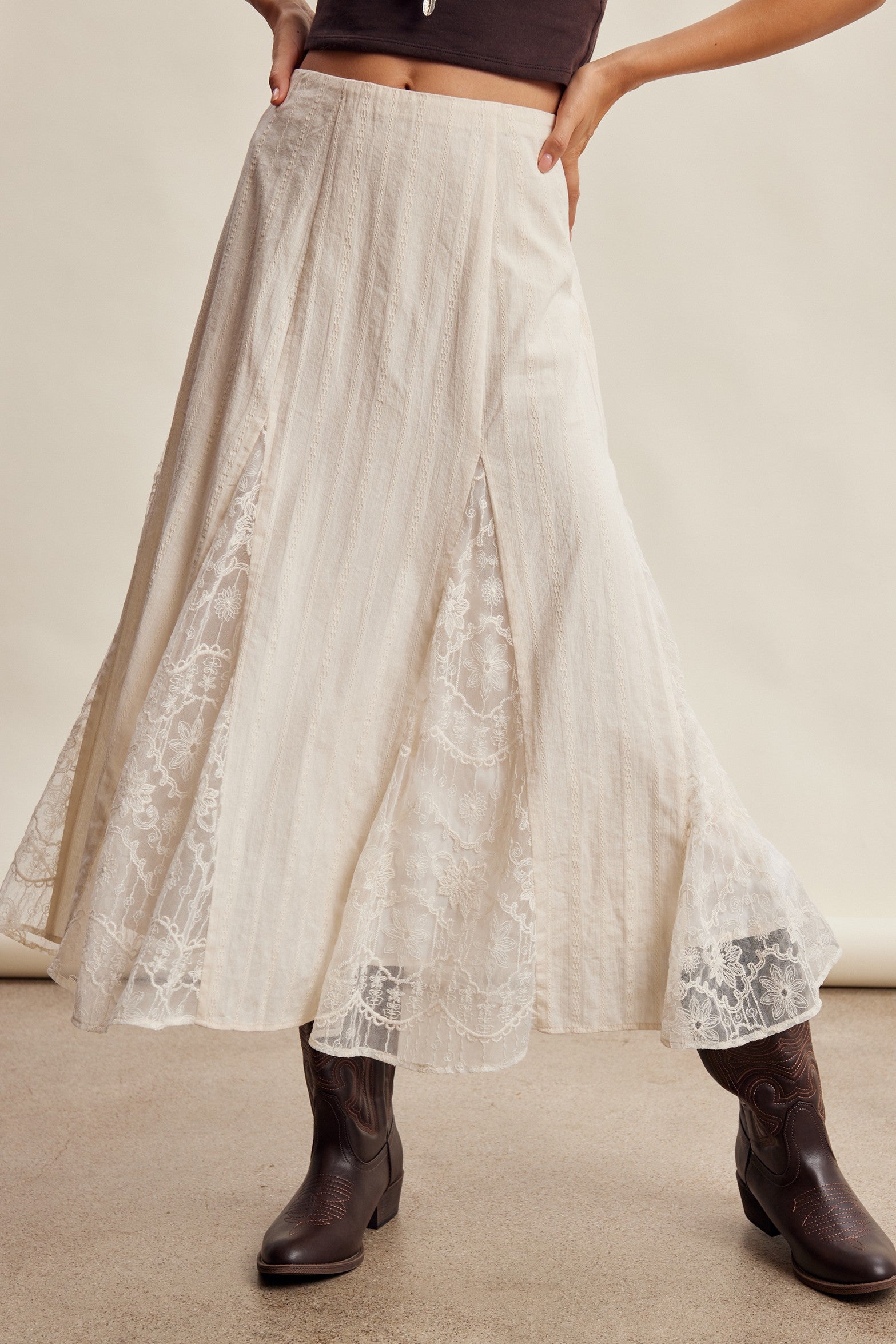 Lianne Lace Skirt womens cream ecru lacy skirt with panels and pockets feminine but western style sold at Bolt Ranch Store
