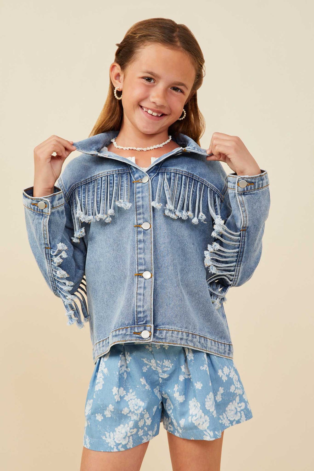 Hayden LA Fringed Detail Denim Jacket light denim cotton girls jacket with ruffle detail western clothing Utah SKU GB0001
