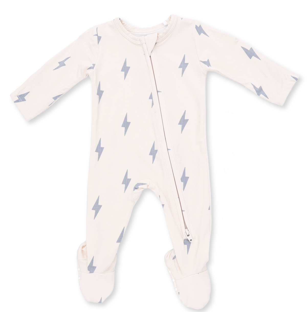 A baby long-sleeve footed sleeper in off-white with a repeating gray lightning bolt pattern, featuring a front zipper closure. Lightning Bolt Viscose 2 Way Zipper Footie shop today at boltranchstore.com