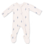 A baby long-sleeve footed sleeper in off-white with a repeating gray lightning bolt pattern, featuring a front zipper closure. Lightning Bolt Viscose 2 Way Zipper Footie shop today at boltranchstore.com