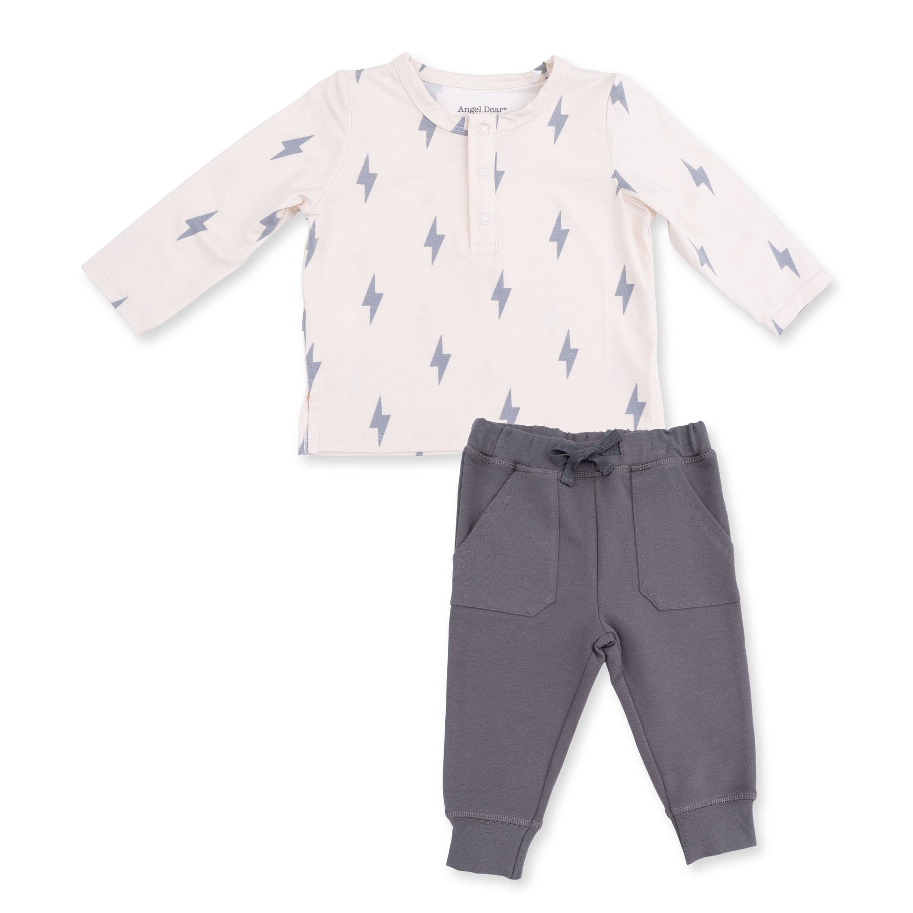 Lightning Bolt Viscose Shirt and Jogger Set. kids set with lightning bolts and gray joggers 