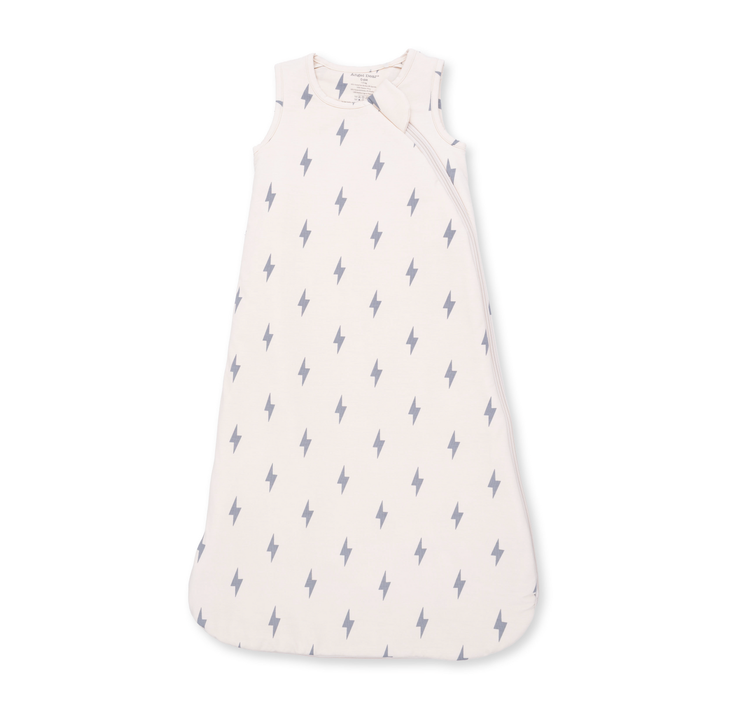 A sleeveless baby sleep sack with a white background and a repeating gray lightning bolt pattern, shown flat against a white background. Lightning Bolt Viscose Sleep Bag shop today at boltranchstore.com