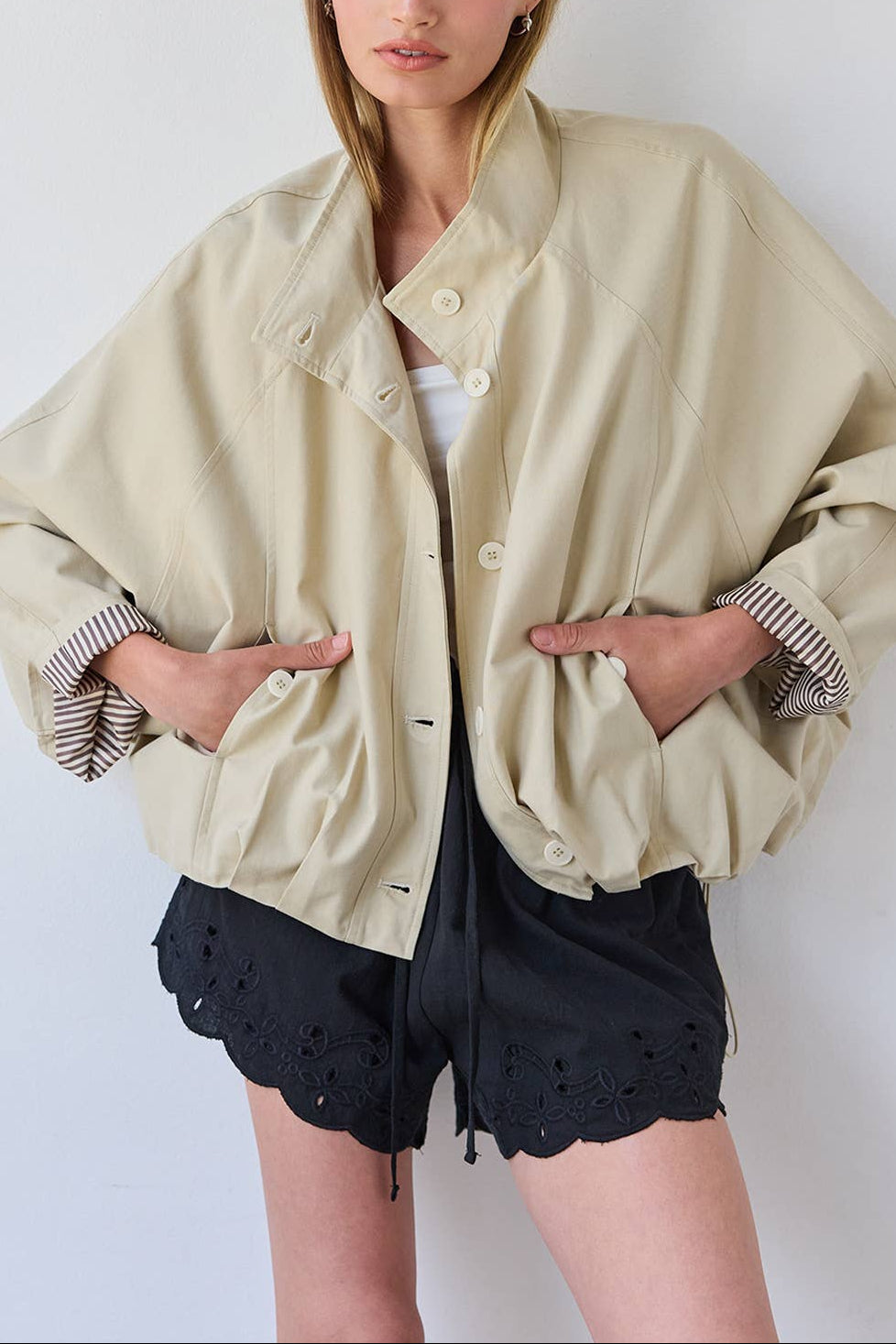 Lilly Button Jacket modern oversize lined jacket Boltranchstore.com cream beige travel coat trench cropped waist free shipping womens outerwear Western style clothing