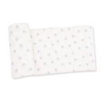 A white muslin baby blanket or swaddle with a repeating small blue horseshoe pattern, shown on a clean white background. Little Horseshoes Blue Swaddle Blanket shop today at boltranchstore.com