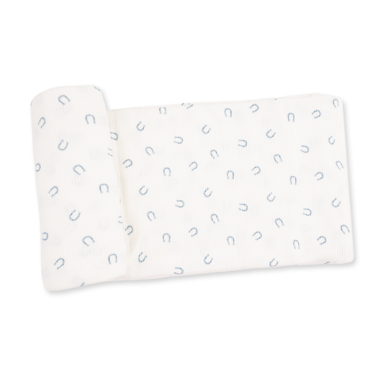 A white muslin baby blanket or swaddle with a repeating small blue horseshoe pattern, shown on a clean white background. Little Horseshoes Blue Swaddle Blanket shop today at boltranchstore.com