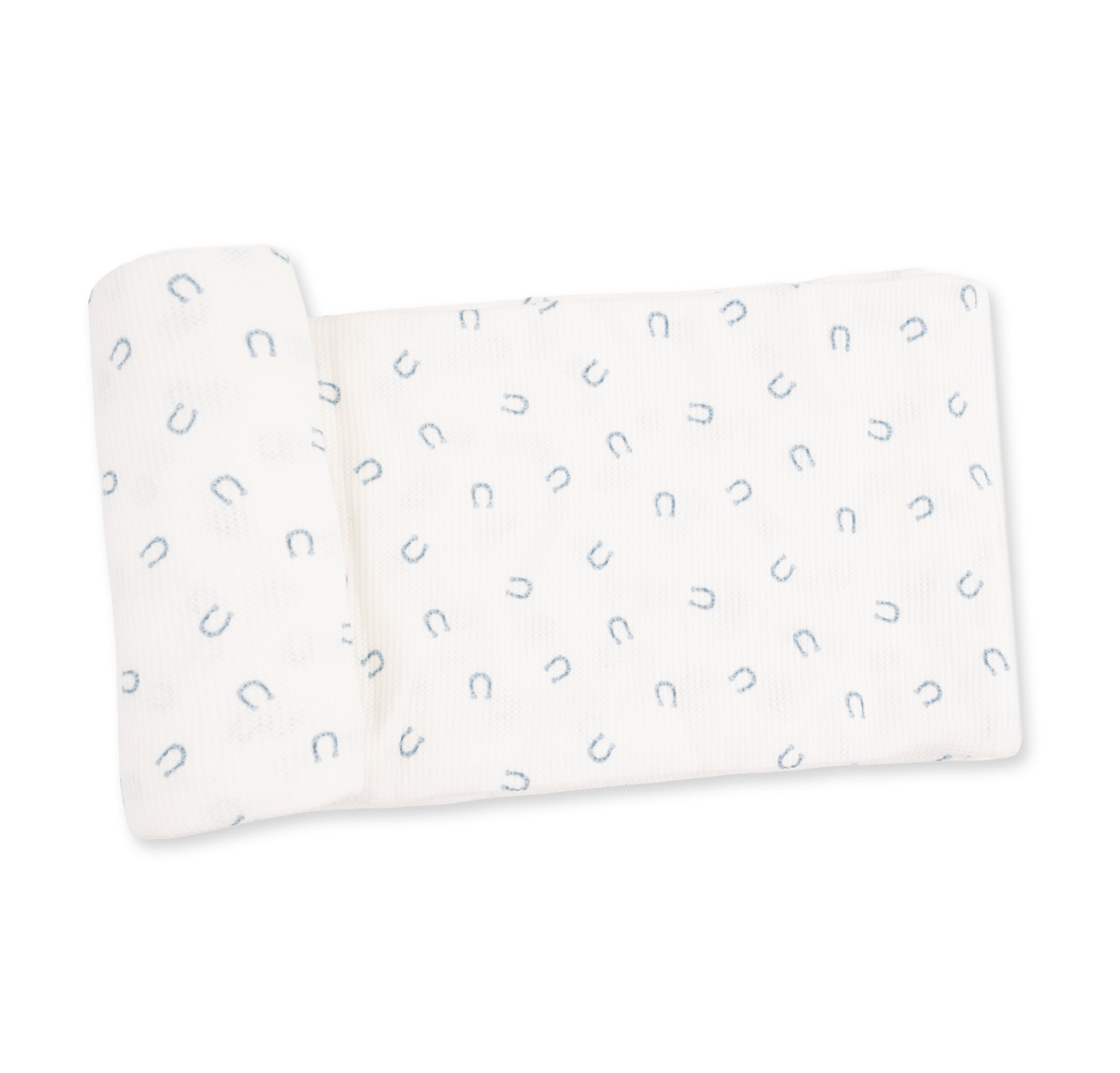 A white muslin baby blanket or swaddle with a repeating small blue horseshoe pattern, shown on a clean white background. Little Horseshoes Blue Swaddle Blanket shop today at boltranchstore.com