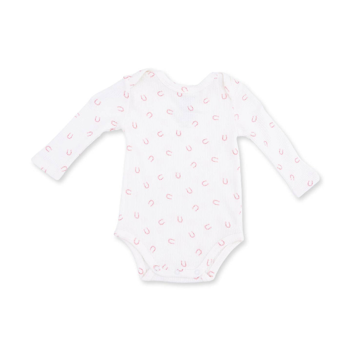 A white long-sleeve baby bodysuit with a delicate pink horseshoe pattern, displayed flat against a clean white background. Little Horseshoes Pink Long Sleeve Bodysuit Shop today at boltranchatore.com