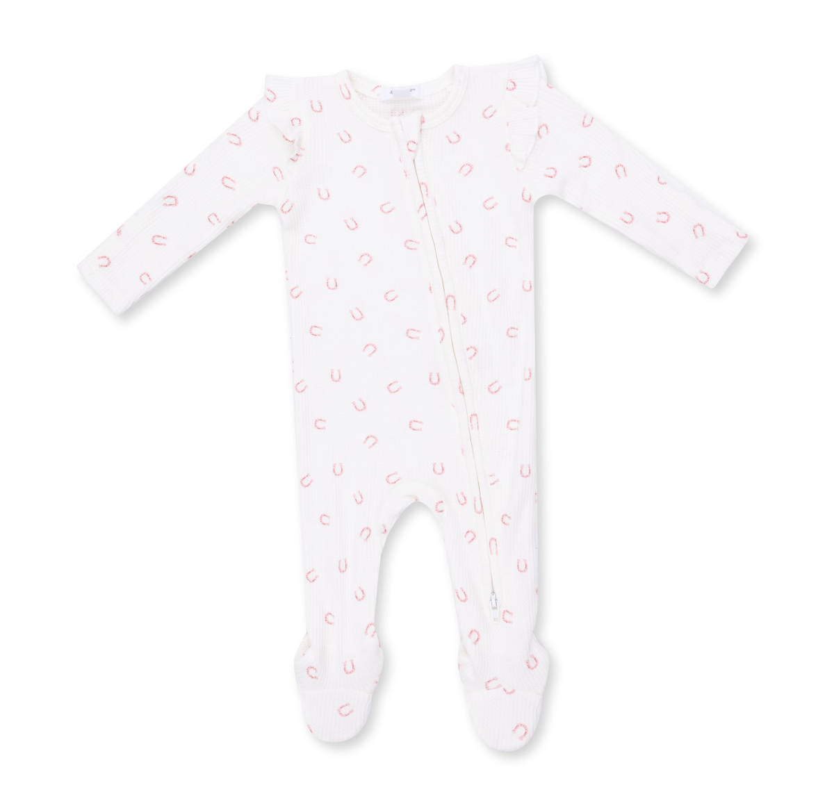 A white long-sleeve baby footed sleeper with a pink horseshoe pattern, featuring a front zipper closure. Little Horseshoes Pink Ruffle Sleeve Zipper Footie shop today at boltranchstore.com