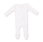 A white long-sleeve baby footed sleeper with a pink horseshoe pattern, featuring a front zipper closure. Little Horseshoes Pink Ruffle Sleeve Zipper Footie shop today at boltranchstore.com