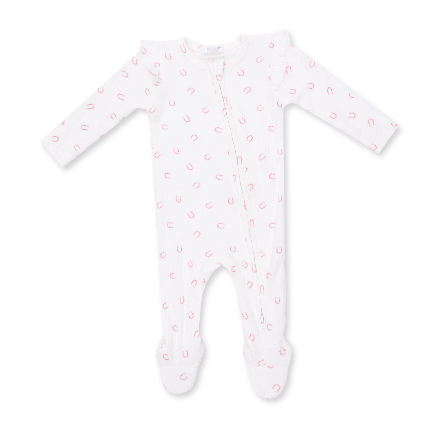 A white long-sleeve baby footed sleeper with a pink horseshoe pattern, featuring a front zipper closure. Little Horseshoes Pink Ruffle Sleeve Zipper Footie shop today at boltranchstore.com