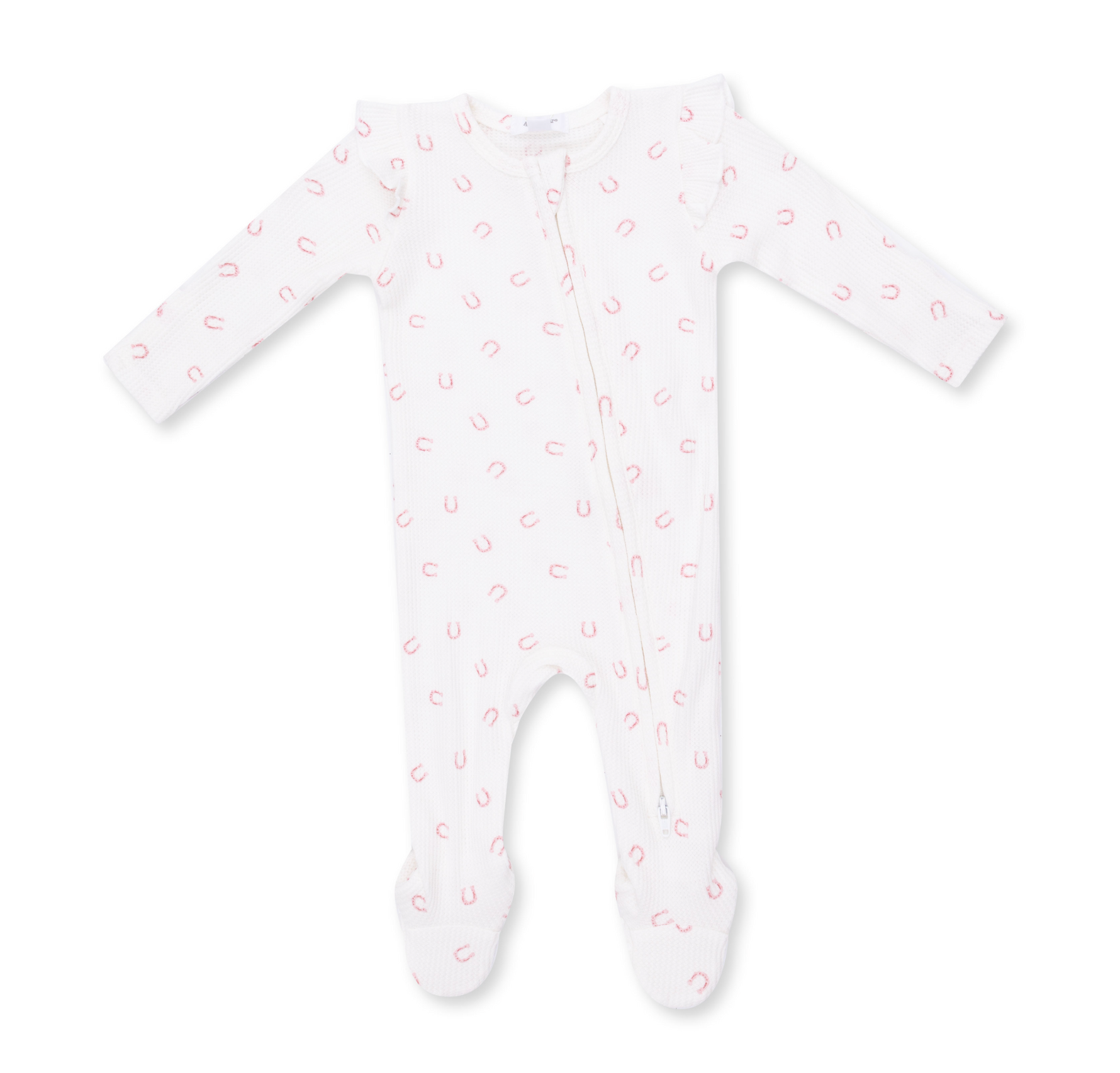 A white long-sleeve baby footed sleeper with a pink horseshoe pattern, featuring a front zipper closure. Little Horseshoes Pink Ruffle Sleeve Zipper Footie shop today at boltranchstore.com