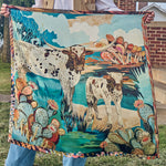 Fringe Shades of Texas Silk Scarf Dolan Geiman longhorn cow and calf among turquoise and salmon cacti womens western boutique Utah SKU SCRFSOTXSH26043