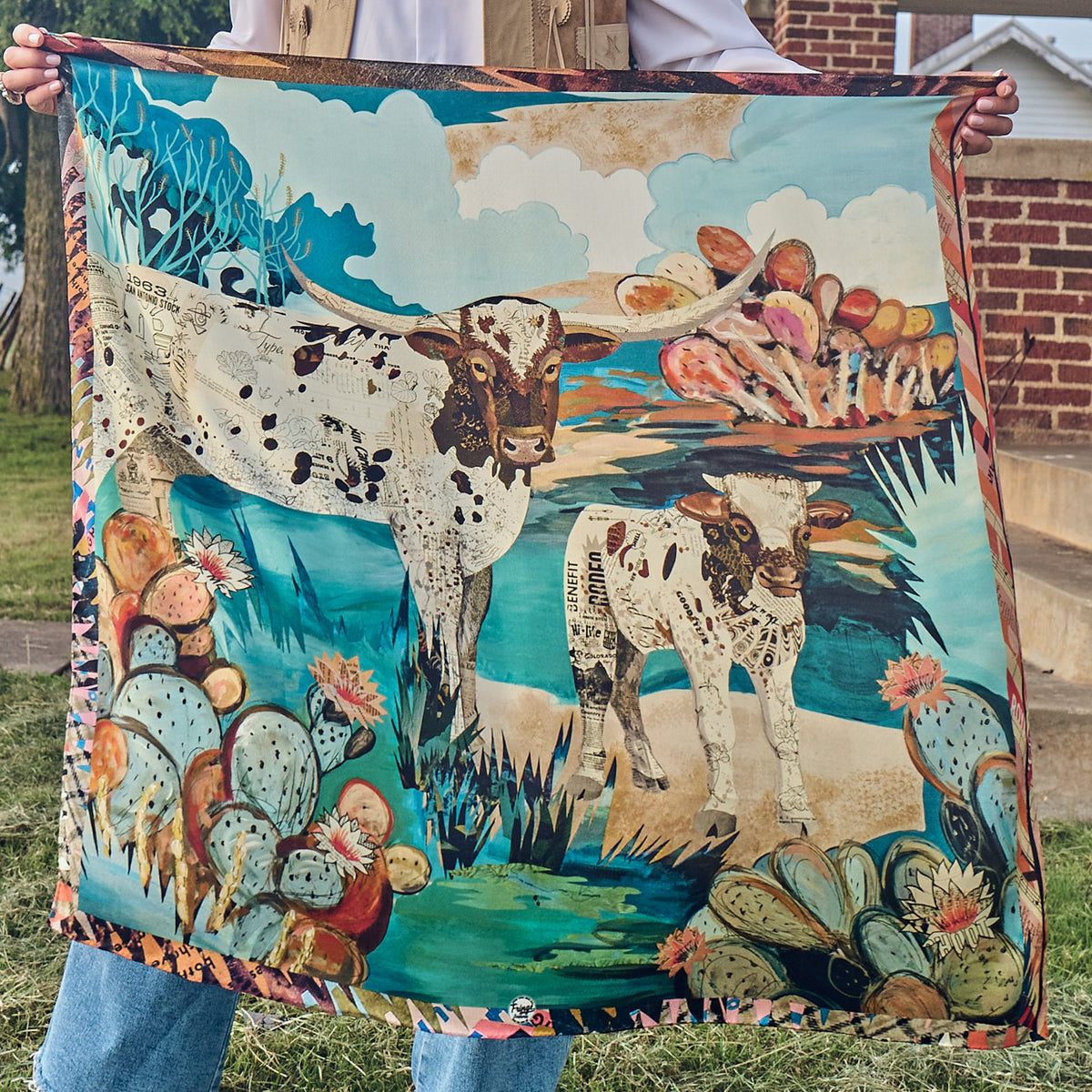Fringe Shades of Texas Silk Scarf Dolan Geiman longhorn cow and calf among turquoise and salmon cacti womens western boutique Utah SKU SCRFSOTXSH26043