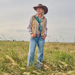 Fringe Shades of Texas Silk Scarf one inch Fringe logo on the center edge ranch wear