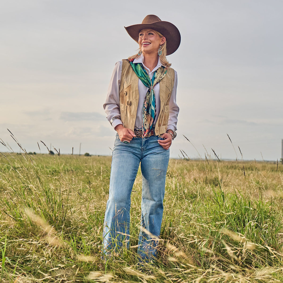 Fringe Shades of Texas Silk Scarf one inch Fringe logo on the center edge ranch wear