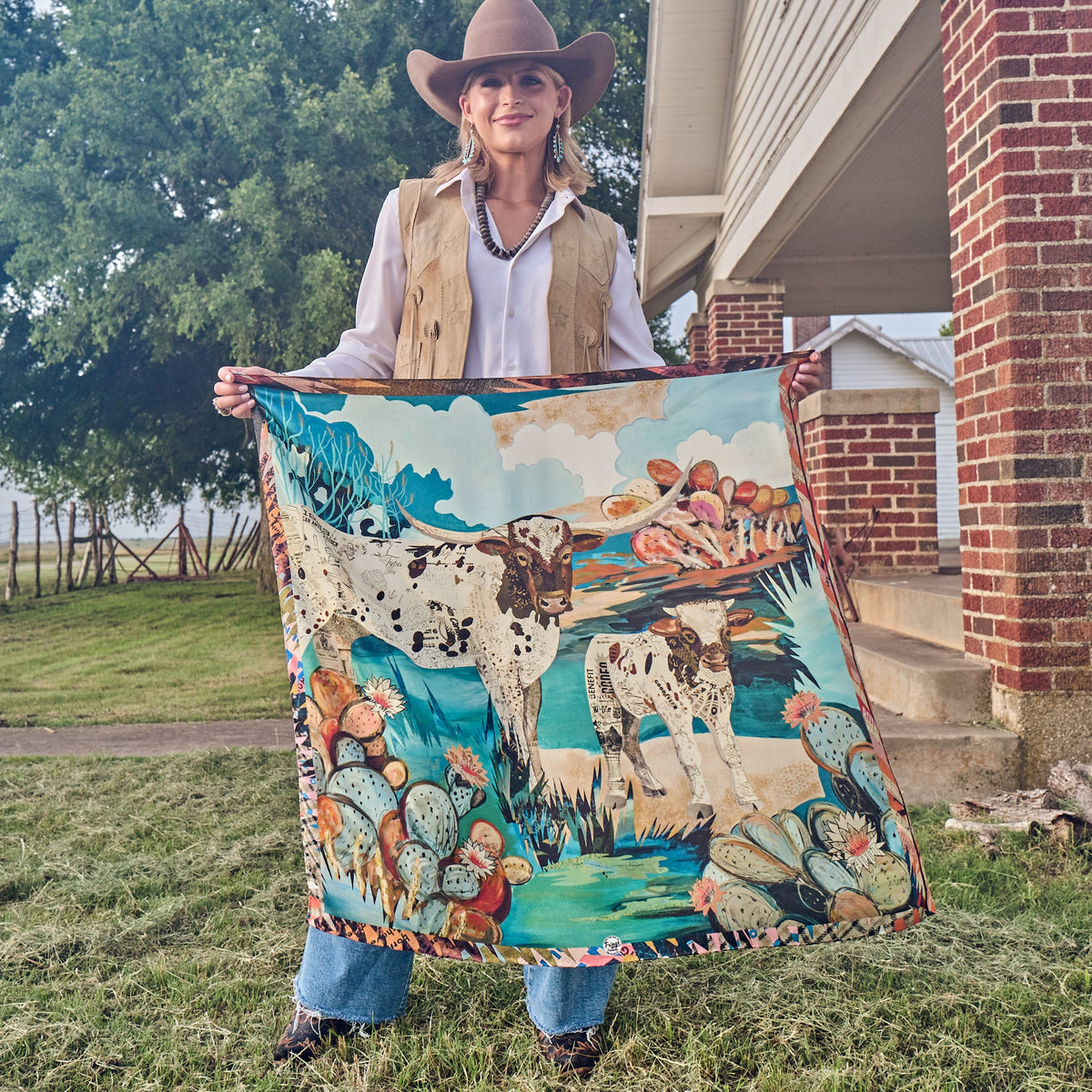 Fringe Shades of Texas Silk Scarf pairs with fringed suede and leather jackets Kamas
