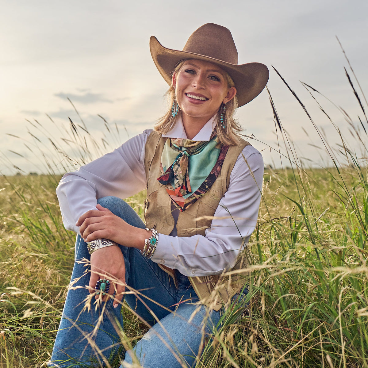 Fringe Shades of Texas Silk Scarf pairs with a denim jacket knotted loose Park City