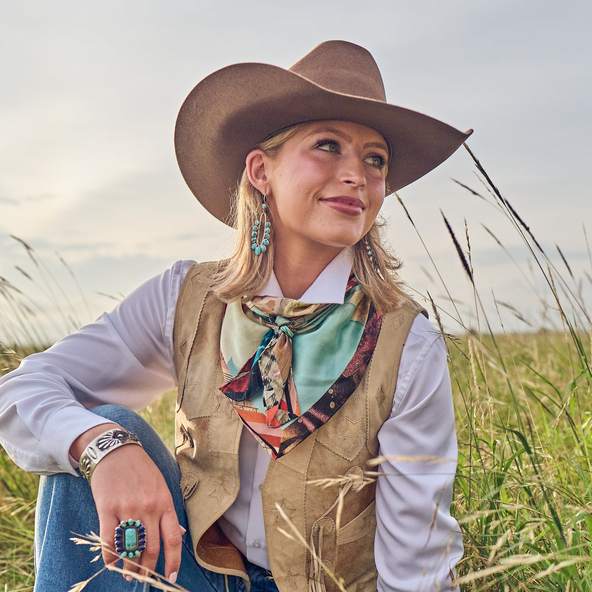 Fringe Shades of Texas Silk Scarf folds into a triangle to tie cowboy style Utah