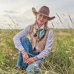 Fringe Shades of Texas Silk Scarf holds a scarf slide at the collar ranch wear Kamas