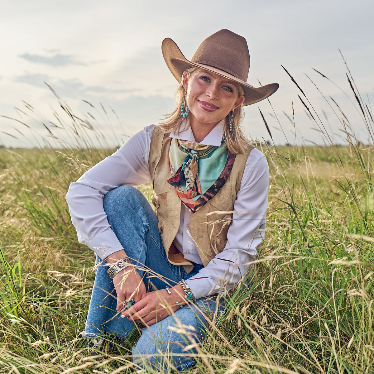 Fringe Shades of Texas Silk Scarf holds a scarf slide at the collar ranch wear Kamas